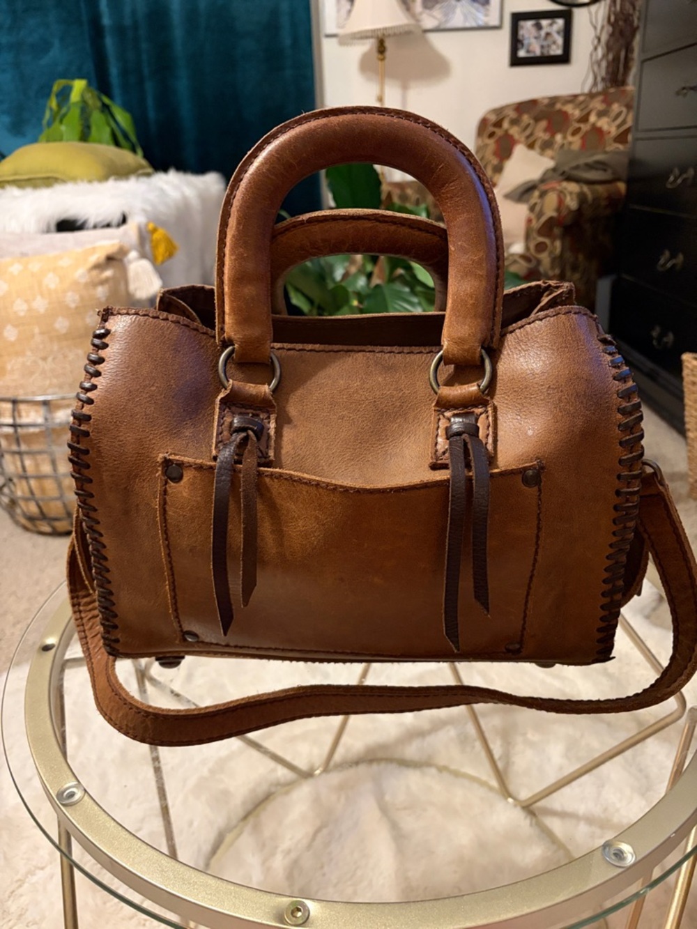 STS Ranchwear Sheridan Flower Leather Top Double Handle Brown Whipstitch Satchel - Picture 2 of 16